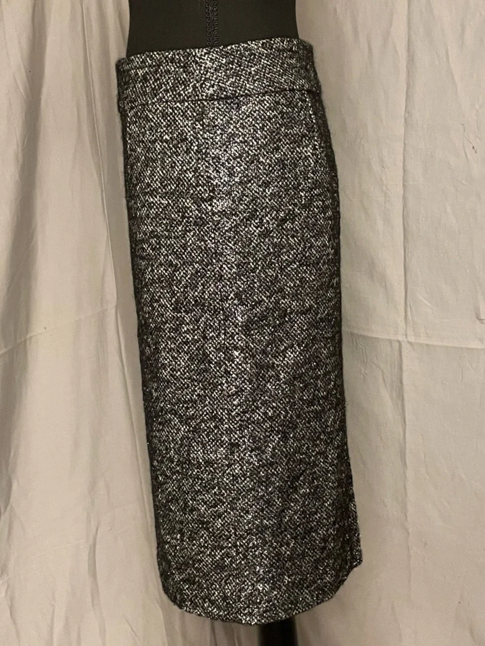 J. Crew Black and White Silver Metallic Tweed Wool Alpaca Blend Pencil Skirt